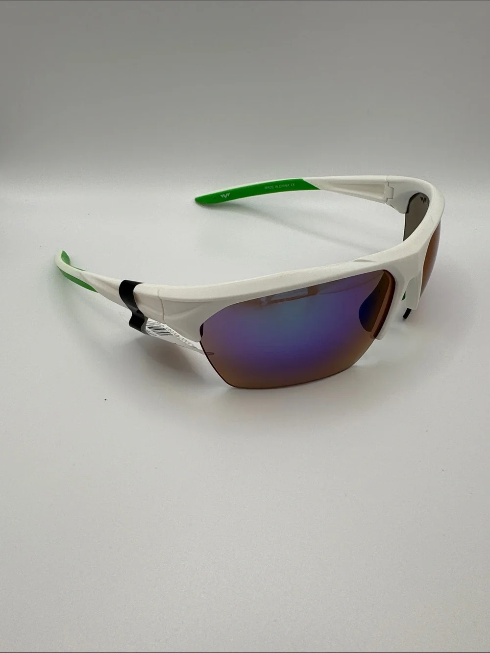 White and Green Men's Sport Sunglasses with Purple Mirrored Lenses